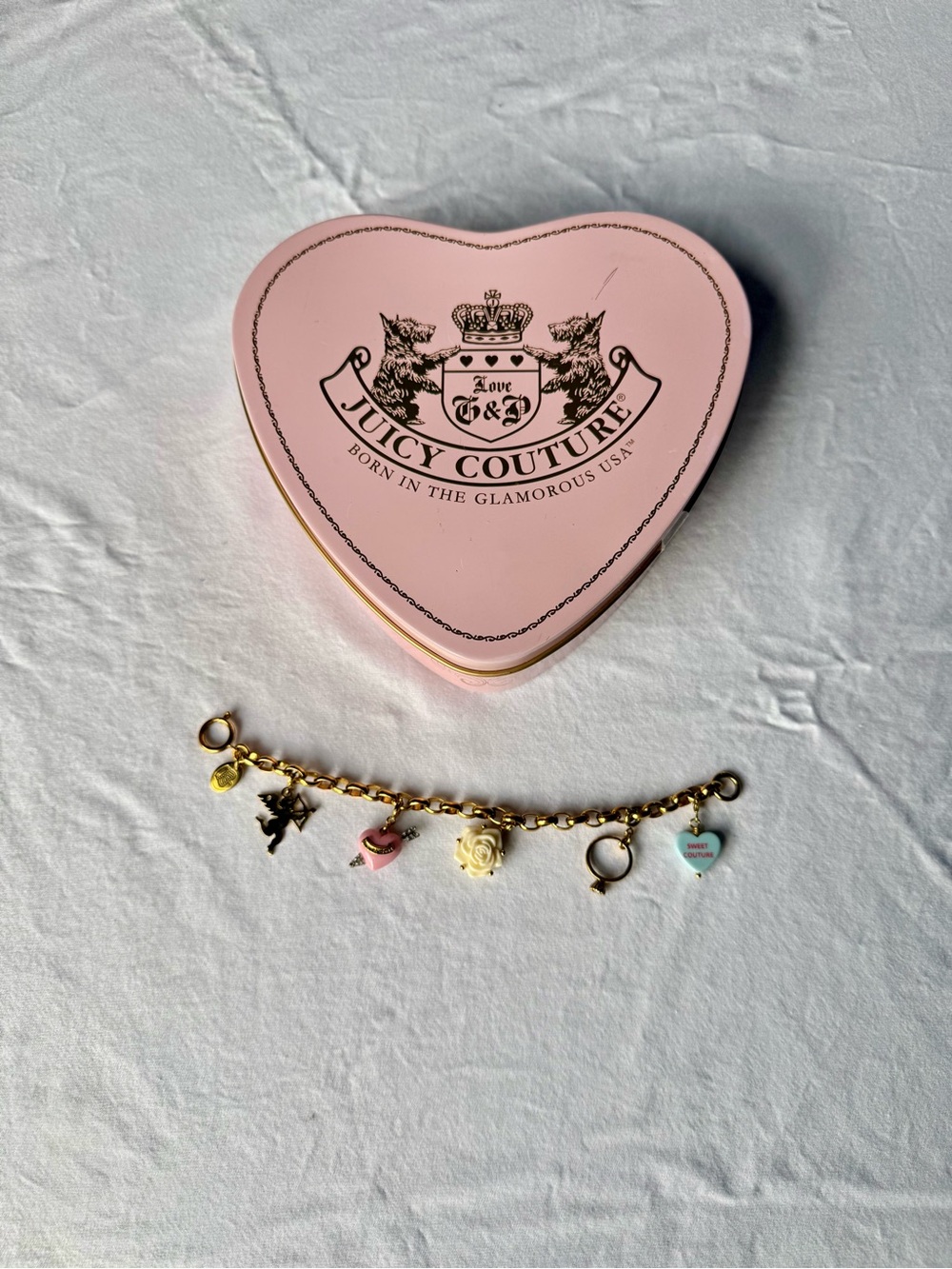 Juicy Couture Valentine Charm Bracelet Cupid Rose Ring w/ Heart Tin Y2K
